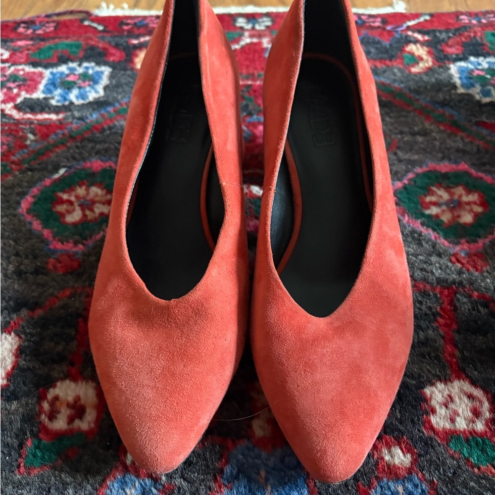 Pointed Suede Heels in Coral-Red